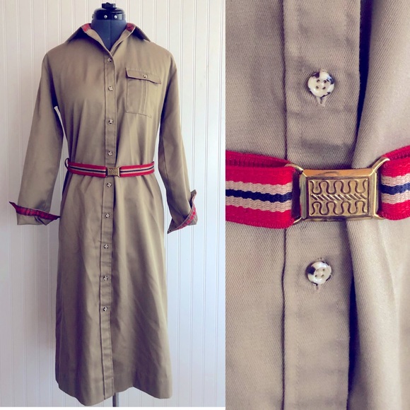 Vintage Dresses & Skirts - Vintage Khaki Shirt Dress Red White Blue Sailing Plaid Details Preppy